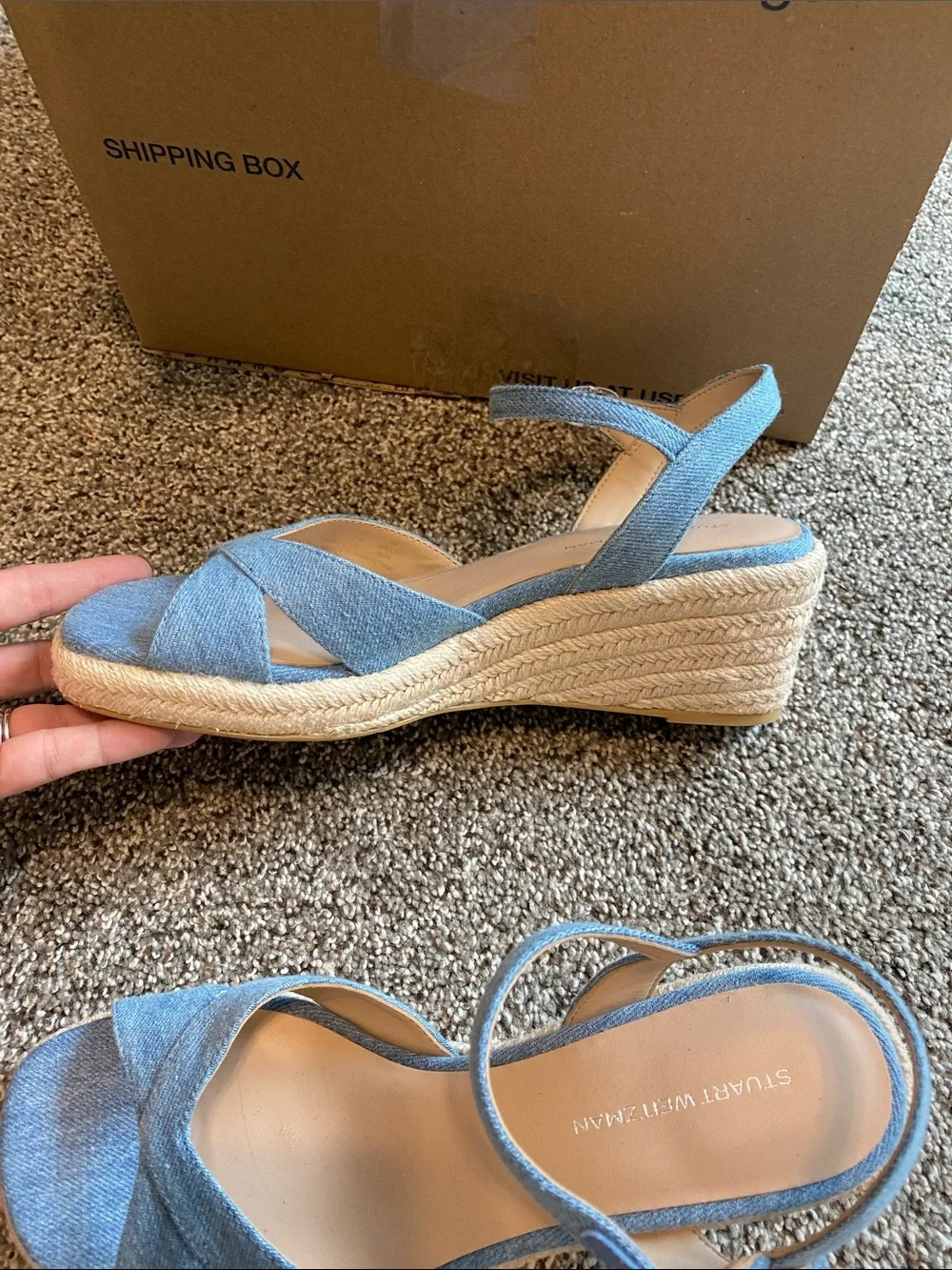 Stuart Weitzman Denim Blue Crisscross Espadrille Wedge Sandals